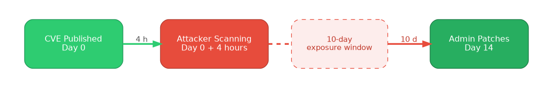 Patching window: CVE published at day 0, attacker scanning at 4 hours, admin patches at day 14 — 10-day exposure window highlighted