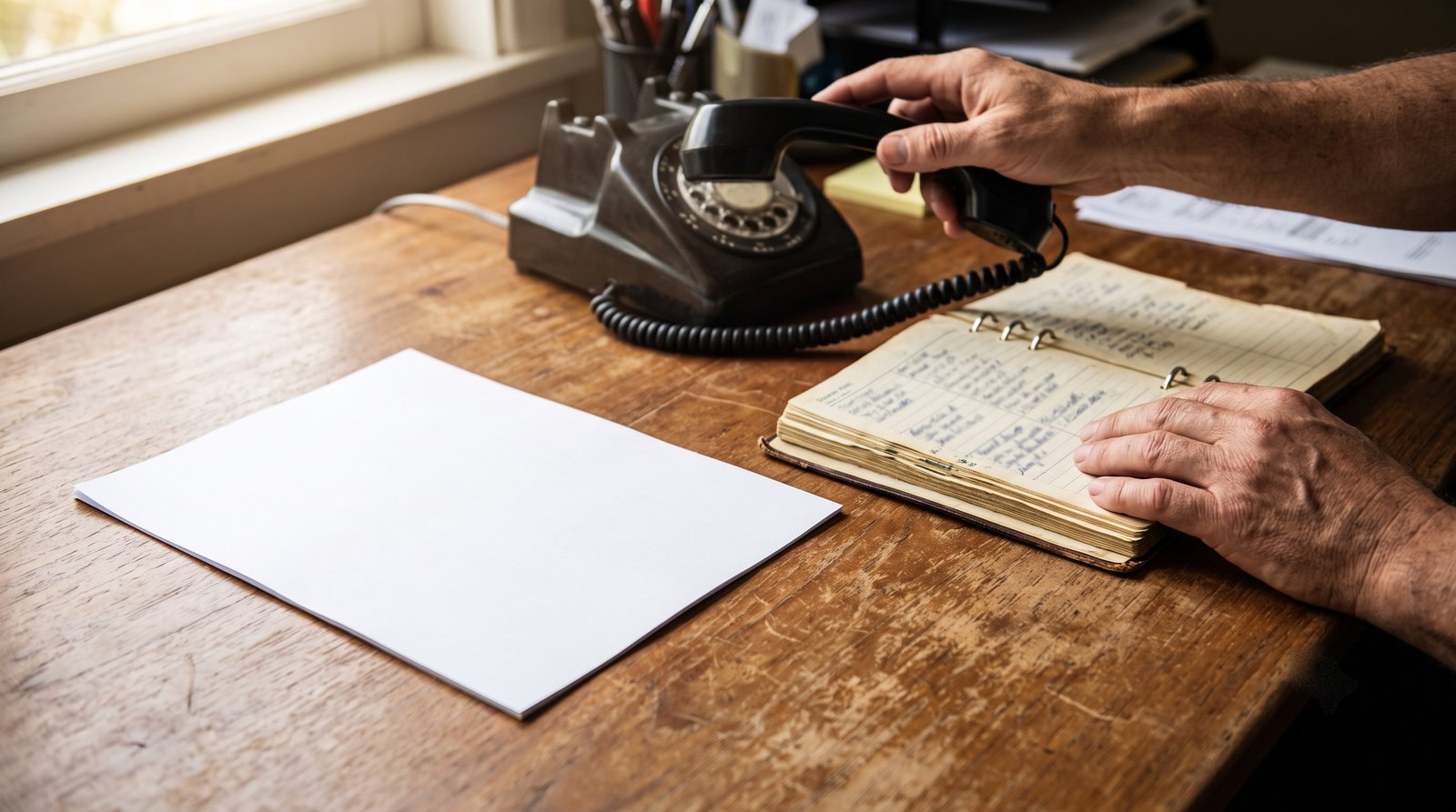 A hand lifting a desk phone handset over a document on a wooden desk, the other hand resting on a worn address book open at the number already on file.