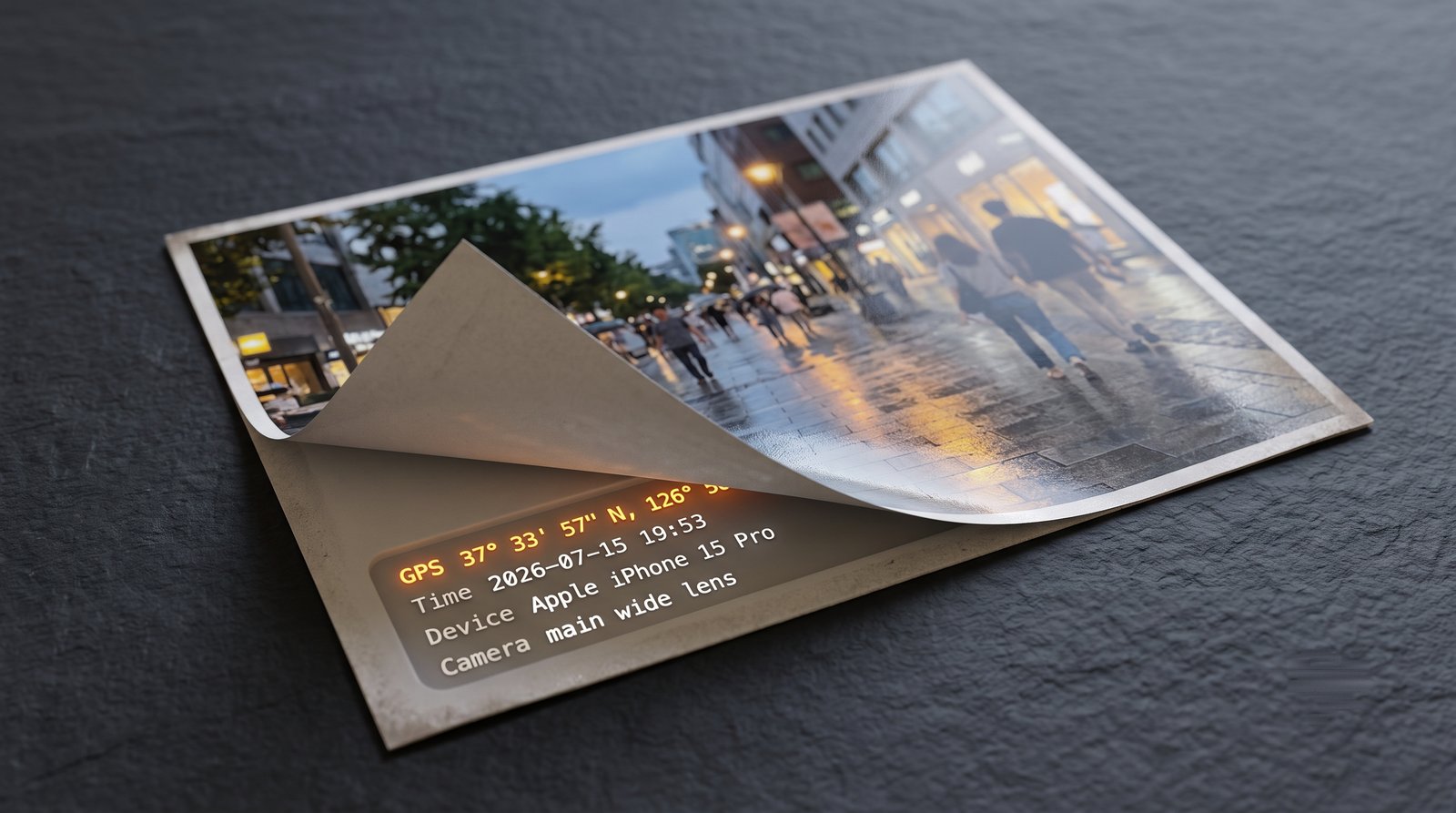 A photo file shown cut open to reveal a hidden panel listing its GPS coordinates, capture time, and device model