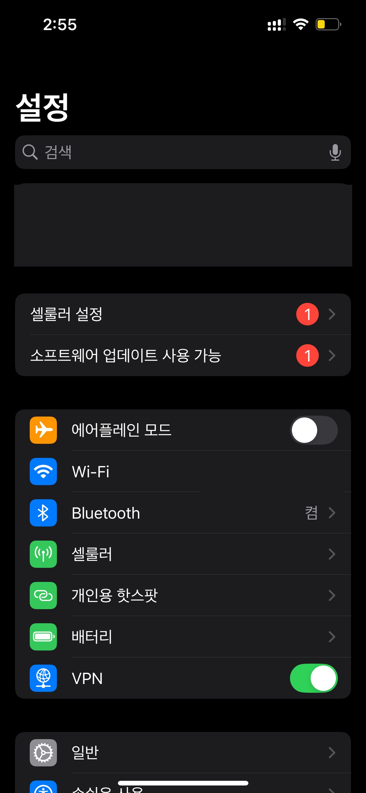 iOS 설정 홈 화면 (이름과 와이파이 이름은 비공개 처리), 비행기 모드·Wi-Fi·VPN 항목이 보인다.