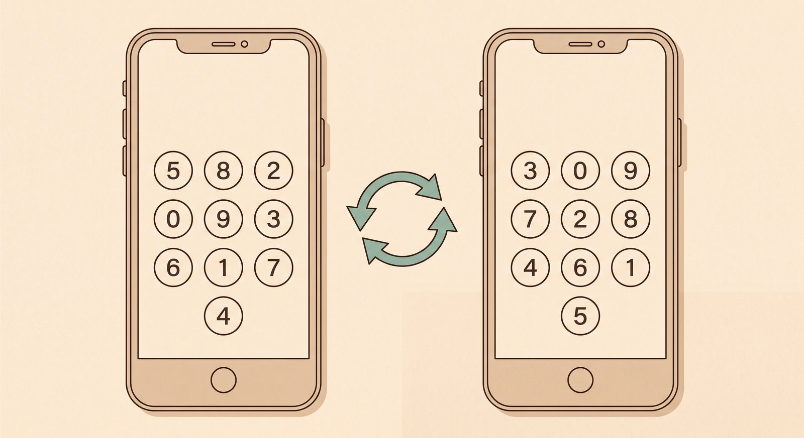 The same bank security keypad shown twice side by side, its numbers in a different scrambled order each time, with a circular shuffle arrow between them, showing the layout rearranges on the next login