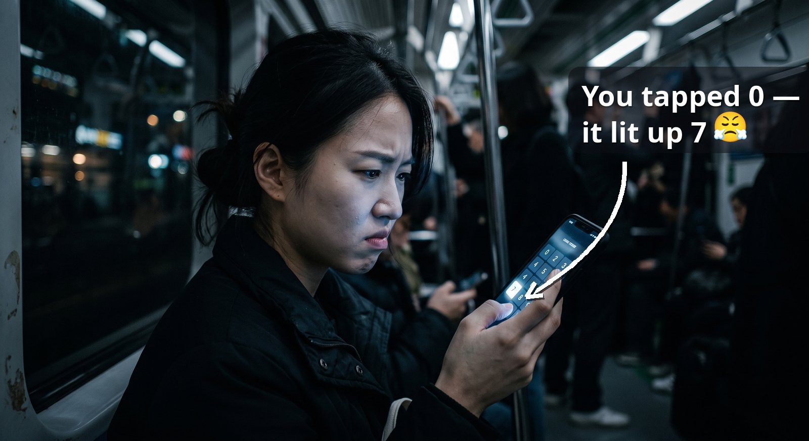 A visibly frustrated commuter on a dim Seoul subway grips their phone, jaw tight, tapping a numeric bank security keypad; their thumb presses the key labelled 0 while a different key labelled 7 elsewhere on the pad glows as if selected
