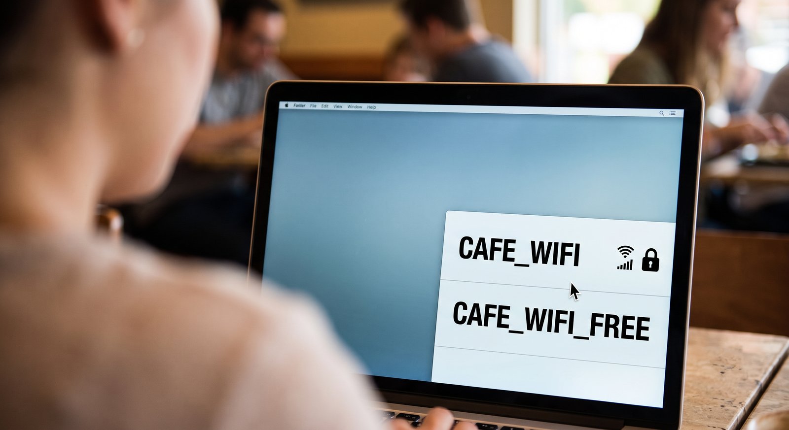 Over-the-shoulder view of a café laptop user choosing between two WiFi networks shown at the bottom-right of the screen — one locked, one open — both with strong signal.