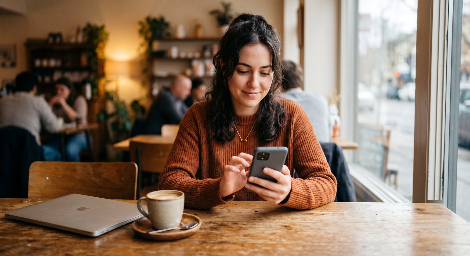 A café customer doing something sensitive on their phone over cellular data instead of the café WiFi, relaxed and unbothered.