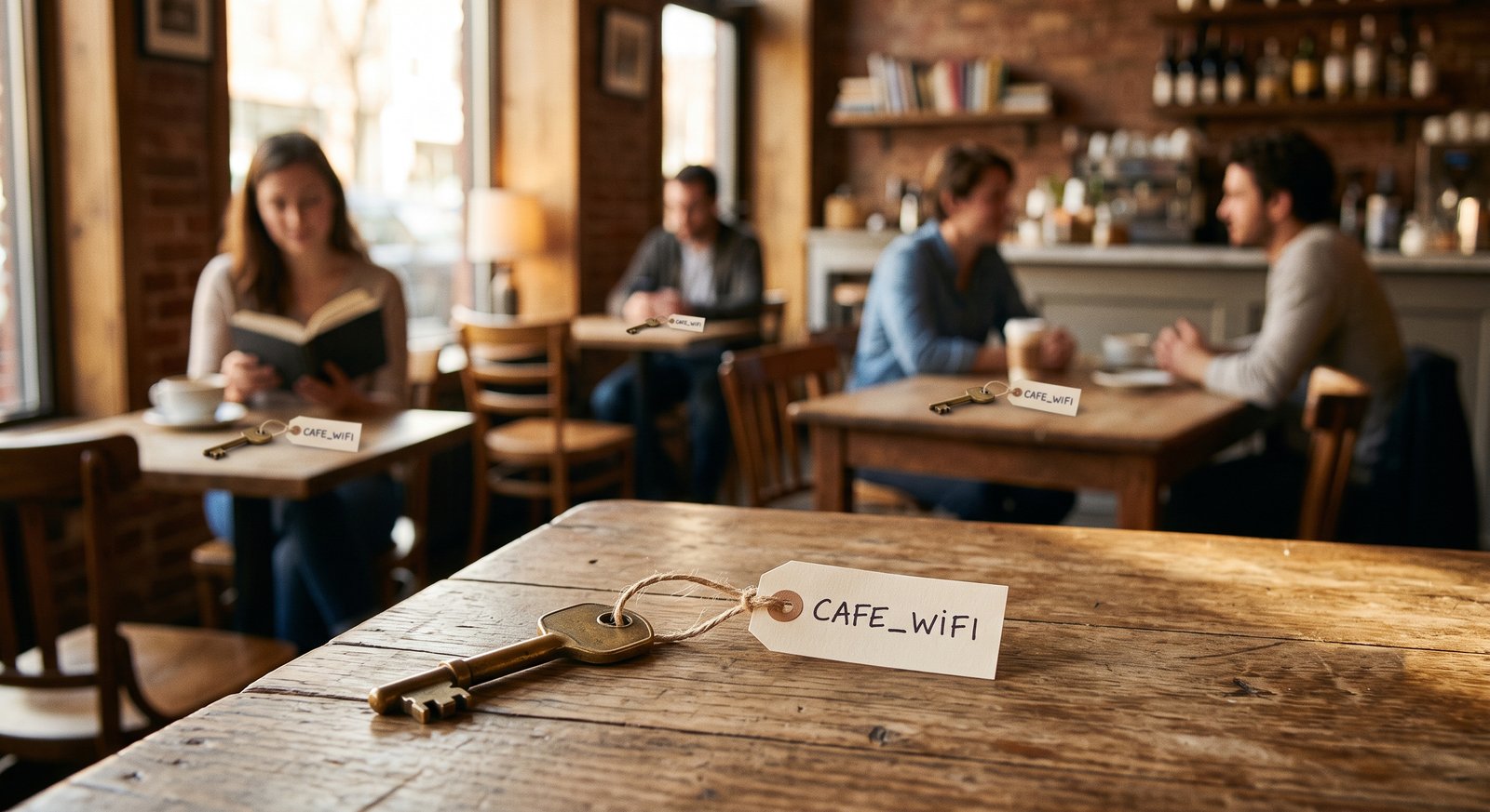 A café table holds a brass key tagged
