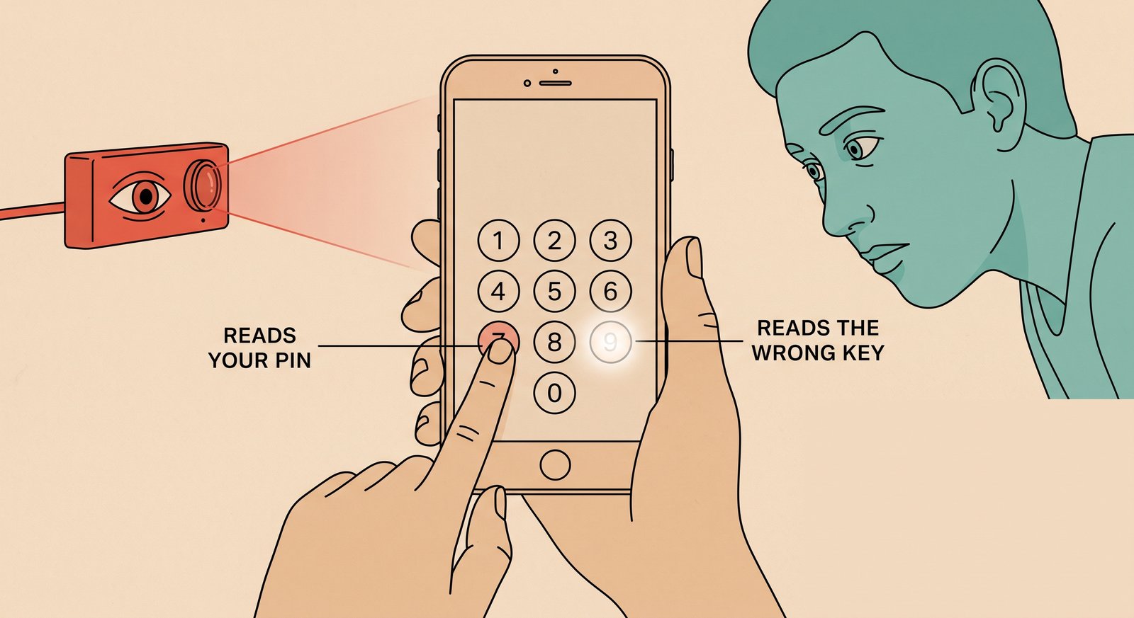 A single login on one phone, watched by two people. A hidden screen recorder reads the fingertip's position on the pad and recovers the correct PIN. A person peering over the shoulder reads the glowing wrong key and writes down the wrong PIN