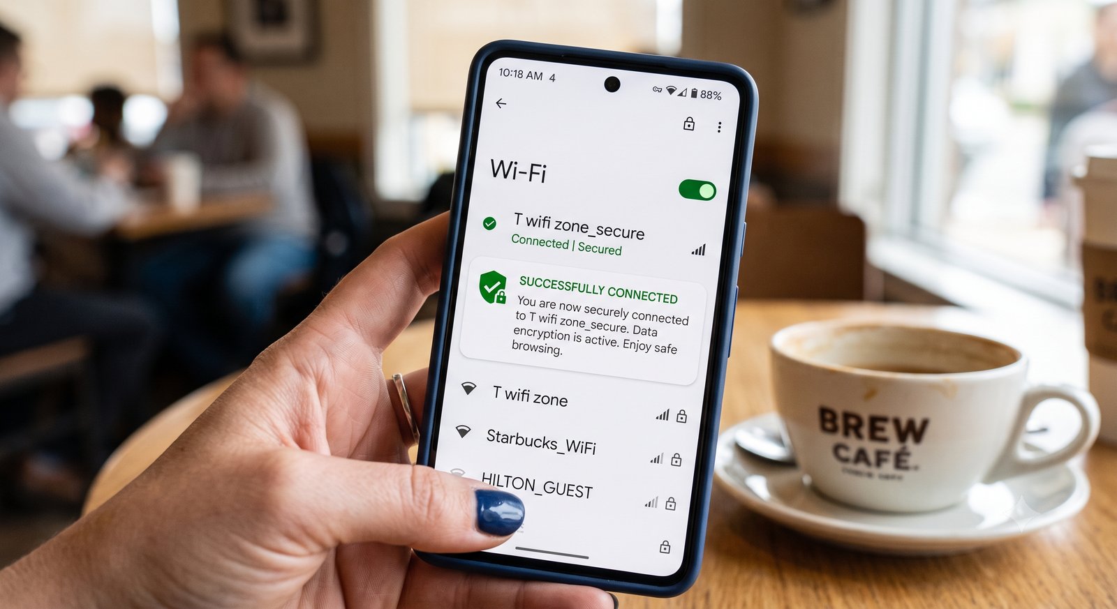 A phone at a café showing its Wi-Fi settings: