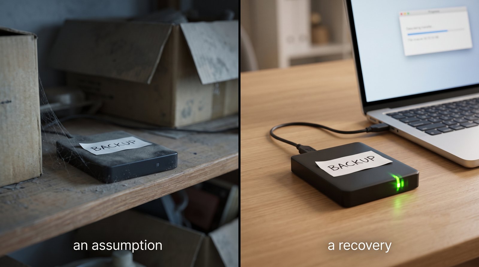The same backup drive in two fates: dusty and unplugged on a shelf (an assumption) versus plugged into a laptop mid-restore (a recovery).
