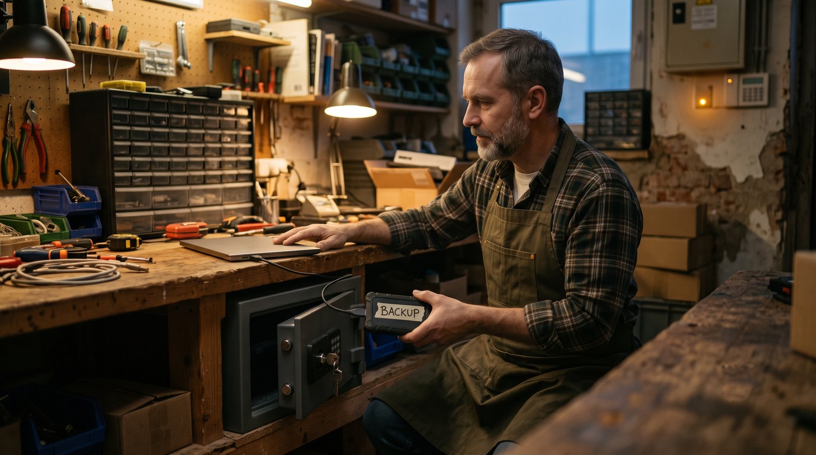 A small-business owner calmly connecting a labeled offline backup drive to a laptop in a workshop, an amber warning light glowing behind them — recovery underway as a practiced routine.