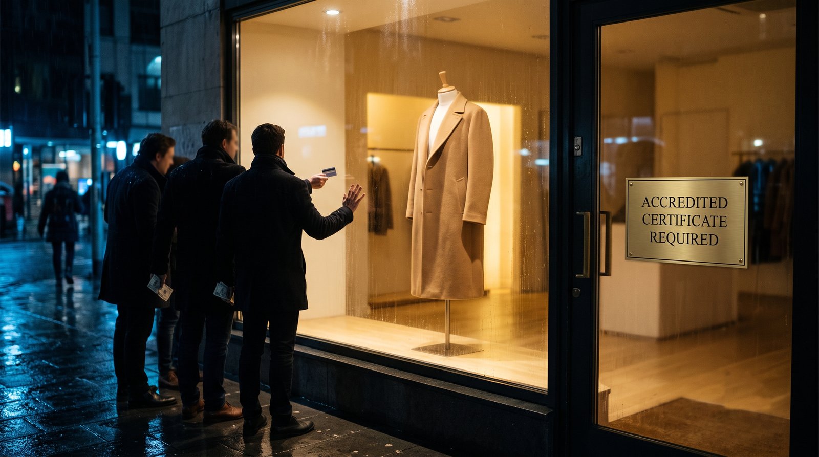 A lit boutique window at night showing a single camel coat on a mannequin, with three shoppers outside on the wet pavement holding cards and cash, and a brass sign on the locked door reading ACCREDITED CERTIFICATE REQUIRED