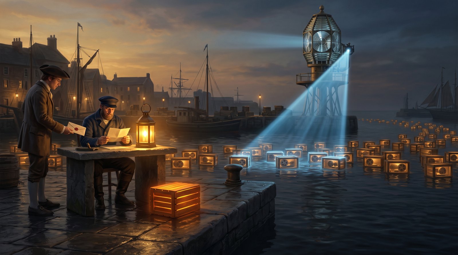 In the same harbor at dusk, two ways a crate leaves the flow. At a lantern-lit desk a keeper acts only on a single sealed, wax-stamped notice handed to him, setting one flagged crate aside. Behind him a towering automated brass beacon rakes a cold beam across the whole passing stream, fingerprinting every crate at once — no notice, no keeper.
