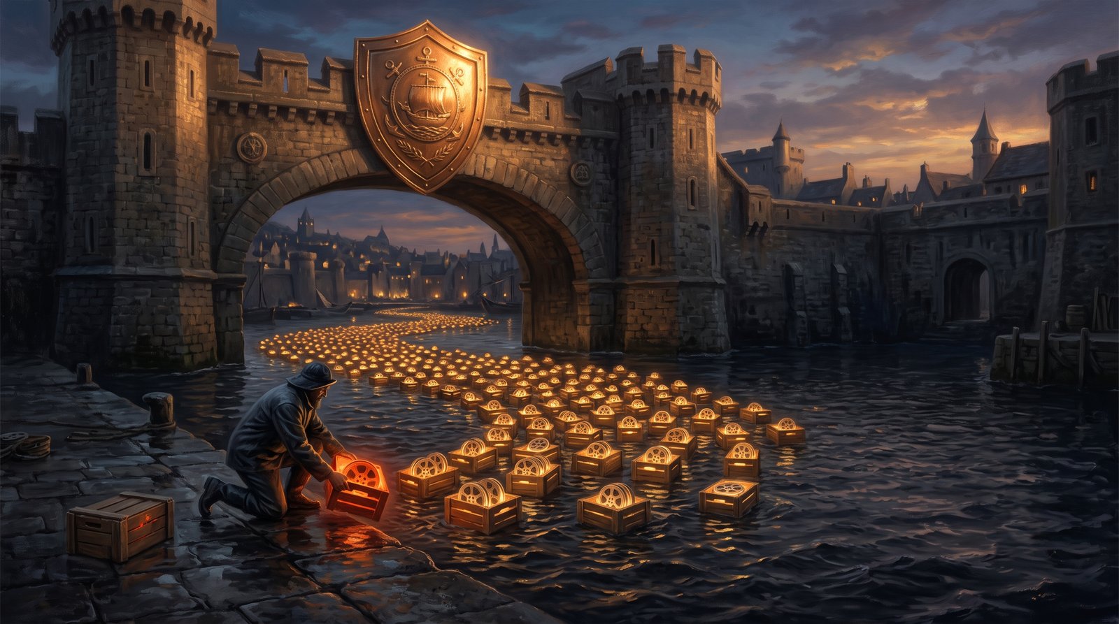 A harbor gate crowned with a great shield lets a river of glowing film-reel crates flow safely into port, while a keeper lifts one flagged crate out of the current and sets it on the dock — and only because that flagged crate is removed does the shield overhead stay raised.