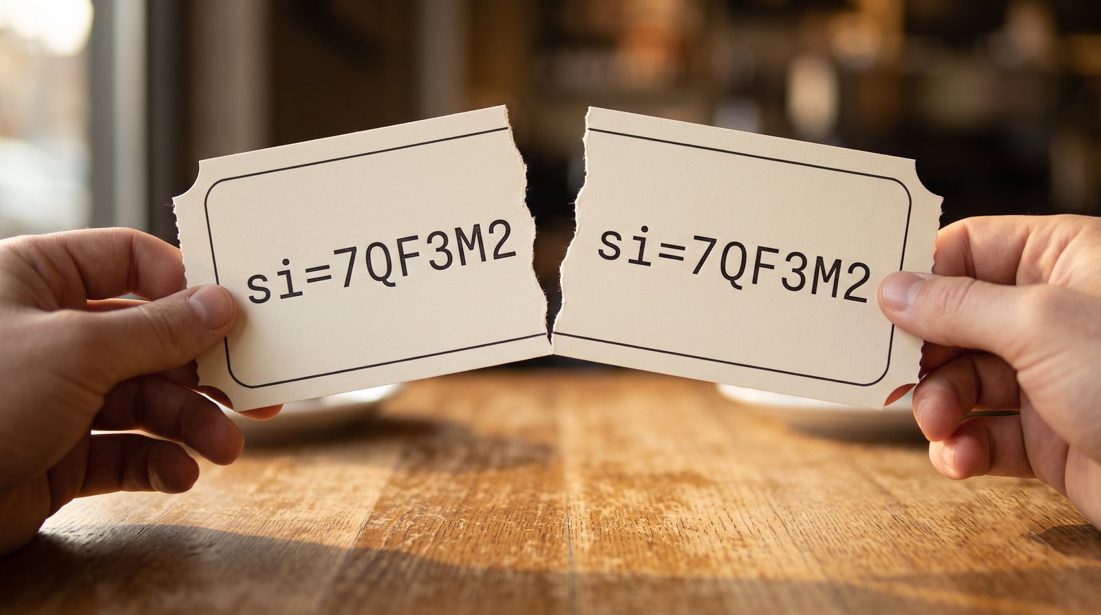 Two hands across a café table, each holding one half of a torn paper ticket; both halves carry the same printed serial number, si=7QF3M2.
