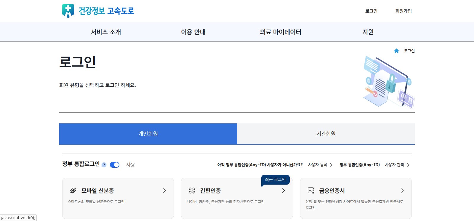 The myhealthway.go.kr login page showing the 본인인증 options — 모바일 신분증, 간편인증, and 금융인증서.