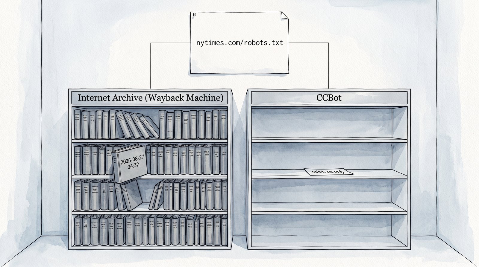 Two archive bays beneath one posted sheet reading nytimes.com/robots.txt: the bay labelled Internet Archive (Wayback Machine) is packed with bound volumes, the front one stamped 2026-08-27 04:32, while the bay labelled CCBot holds a single thin slip reading robots.txt only