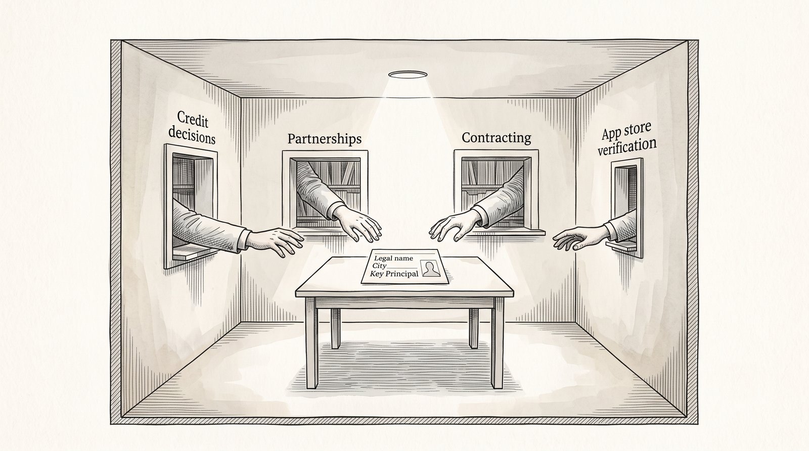 Ink-and-watercolour cutaway: one filed card on a reading table inside the archive, read simultaneously through four service hatches labelled for credit decisions, partnerships, contracting and app store verification.