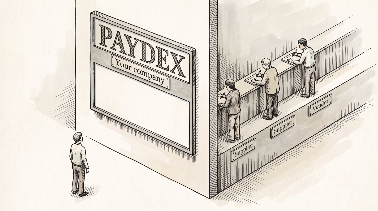 Ink-and-watercolour cutaway: a person stands alone facing a large board marked PAYDEX above a nameplate reading 