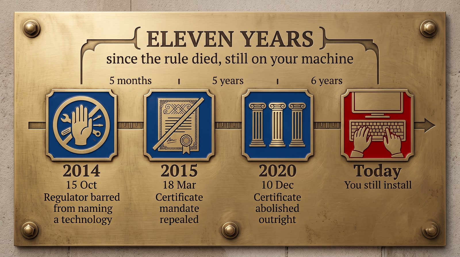 An engraved brass and enamel commemorative plaque. 2014, 15 Oct: regulator barred from naming a technology. 2015, 18 Mar: certificate mandate repealed. 2020, 10 Dec: certificate abolished outright. Today: you still install. A bracket across the span reads ELEVEN YEARS since the rule died, still on your machine
