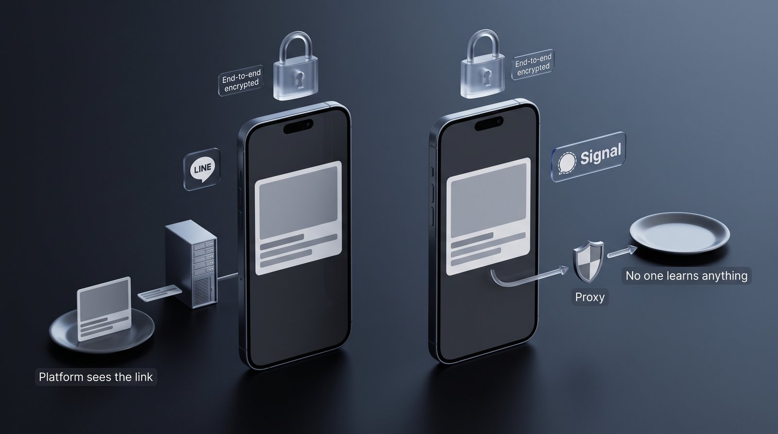 Two end-to-end encrypted messengers side by side. LINE builds the preview on its own servers, so the platform sees the link. Signal builds it on the phone and fetches through a proxy, so no one learns anything.