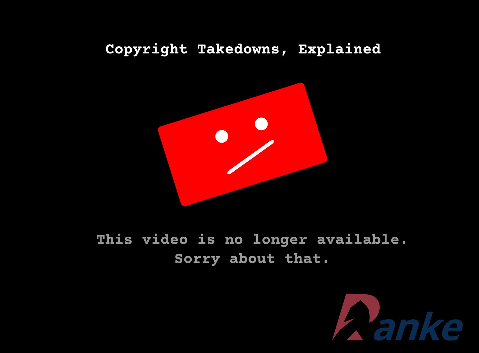 A blocked-video screen on black: a tilted red card with a sad face, the heading